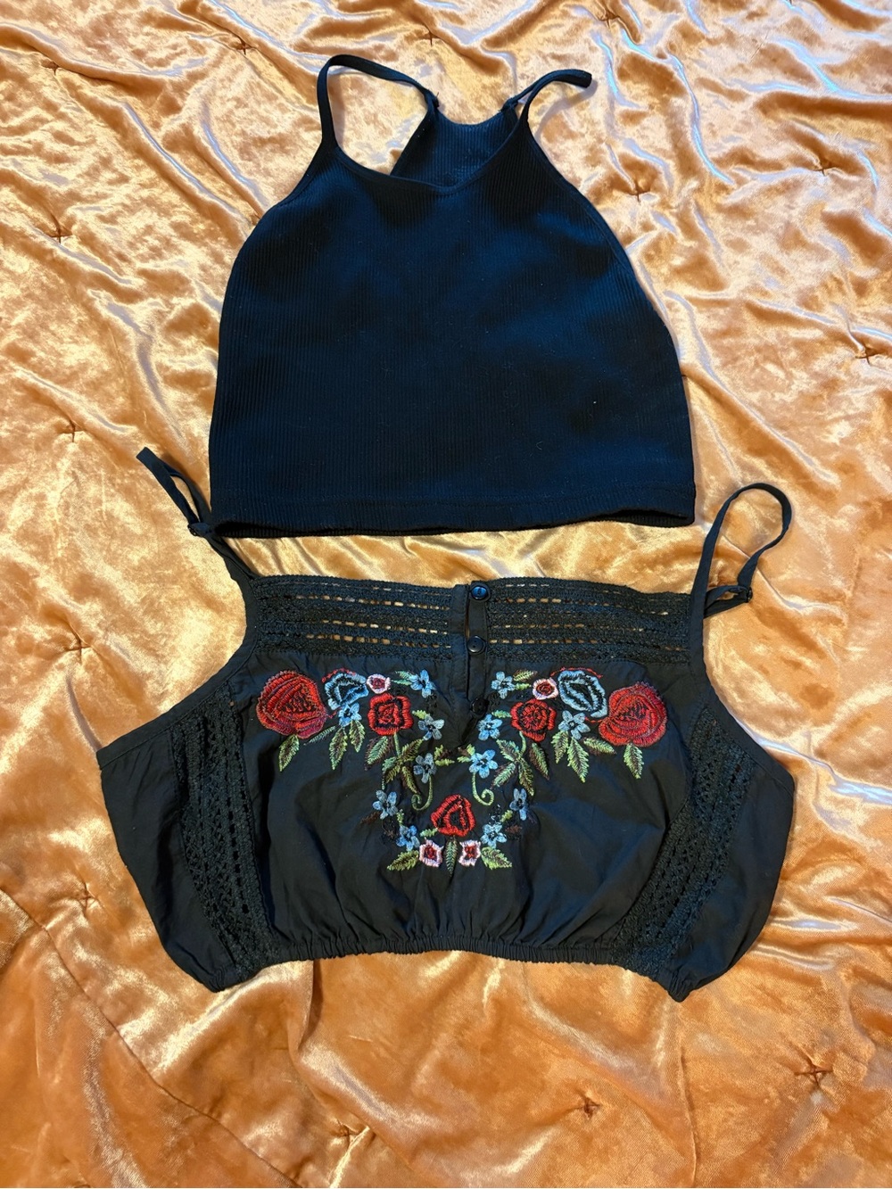 Bundle of 2 Black Summer Crop Tank Tops Embroidered Ribbed